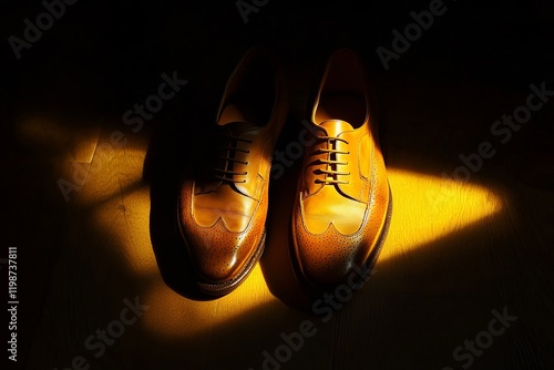 Two brown shoes are on a wooden floor, with the sun shining on them. The shoes are well-made and appear to be of high quality. Concept of elegance and sophistication