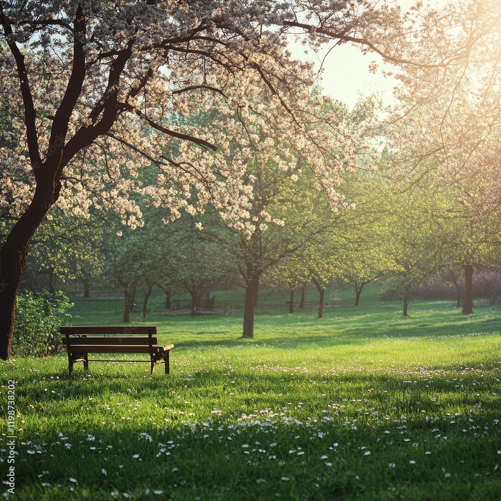 A tranquil park scene with a wooden bench under blossoming trees, bathed in soft morning sunlight. A tranquil park scene with a wooden bench under blossoming trees, bathed in soft morning sunlight.