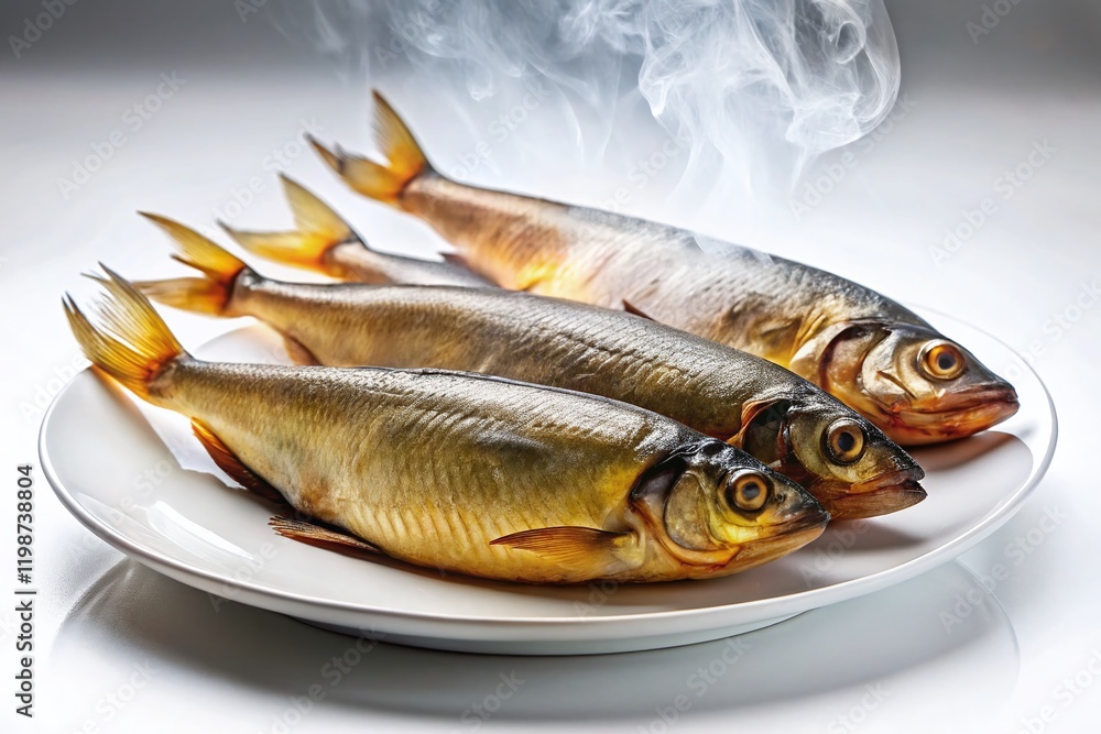Smoked Fish Rotating on Turntable, Minimalist 4K Stock Photo Smoked Fish Rotating on Turntable, Minimalist 4K Stock Photo
