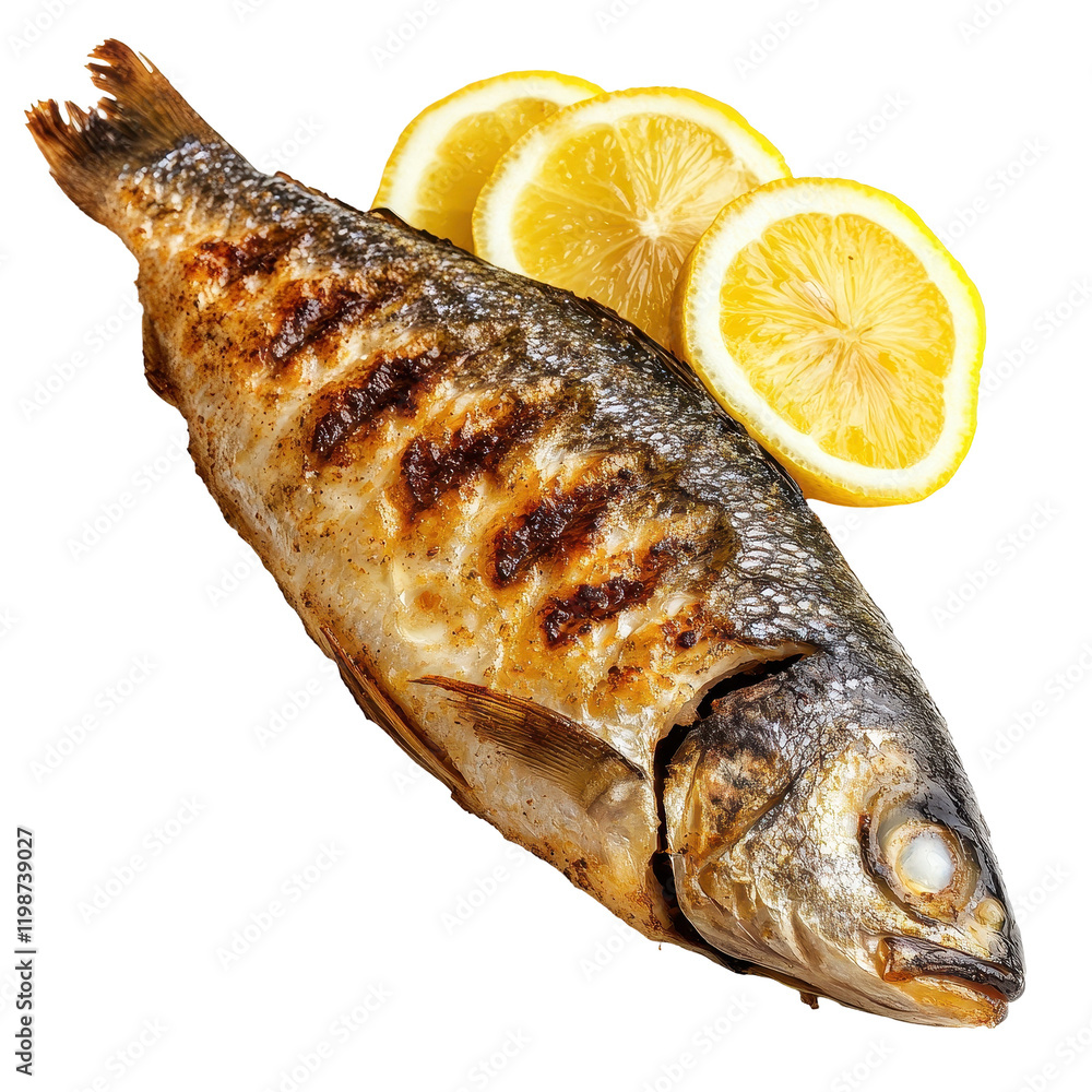 Grilled fish with lemon slices garnish transparent background Grilled fish with lemon slices garnish transparent background