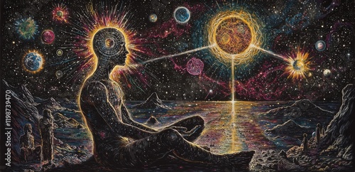 Cosmic Being Mystical Figure Contemplating Celestial Landscape Vibrant Universe Artwork