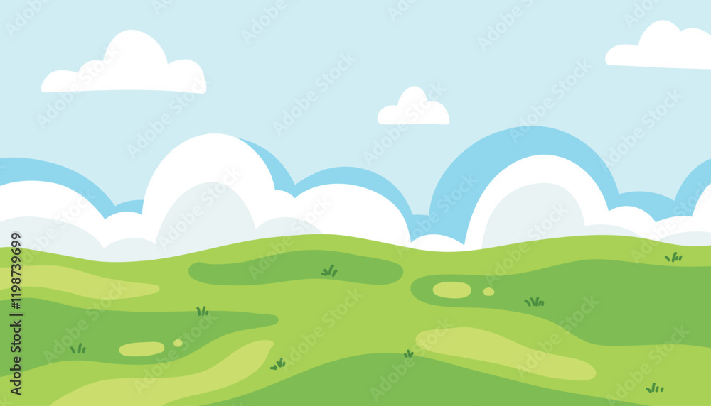 Fototapeta premium Green Summer Fields Landscape with Bright Color Blue Sky