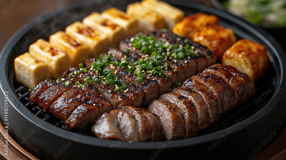Grilled steak and tofu served on a sizzling platter with green onions, accompanied by fresh vegetables