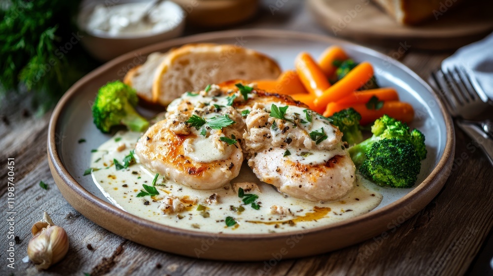 A delicious plate of garlic butter chicken with creamy sauce served on a rustic wooden table. A delicious plate of garlic butter chicken with creamy sauce served on a rustic wooden table.