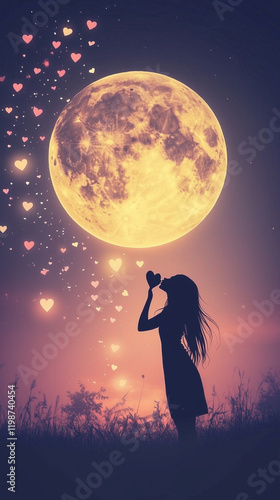 Enchanting Silhouette of a Woman Admiring the Full Moon Surrounded by Floating Hearts in a Mystical Twilight Sky