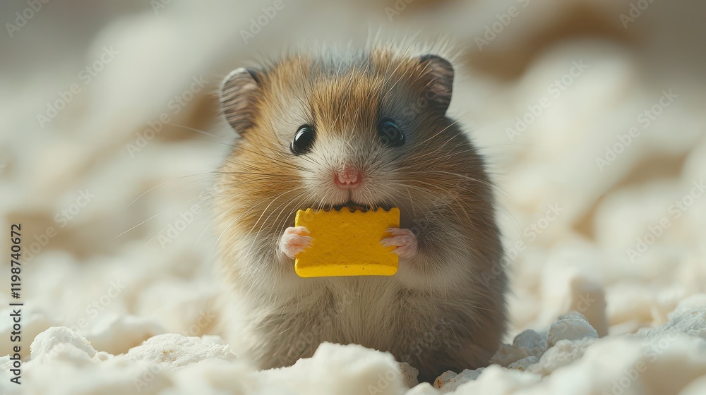 Cute hamster holding a small yellow block. Cute hamster holding a small yellow block.