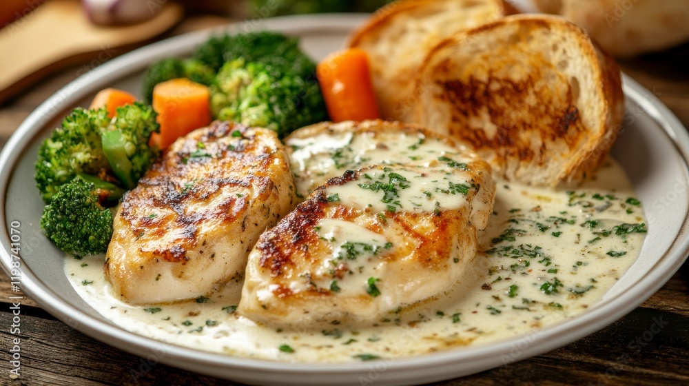 A delicious plate of garlic butter chicken with creamy sauce served on a rustic wooden table. A delicious plate of garlic butter chicken with creamy sauce served on a rustic wooden table.