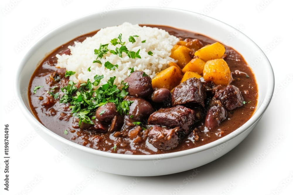 A hearty serving of Brazilian feijoada with rice, vegetables, and black beans. This traditional dish features tender meat and vibrant colors for a delicious meal. A hearty serving of Brazilian feijoada with rice, vegetables, and black beans. This traditional dish features tender meat and vibrant colors for a delicious meal.