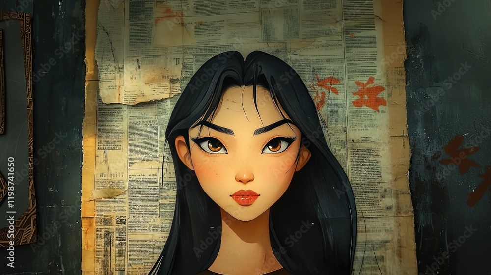 Fototapeta premium This digital portrait shows an anime style woman illustration. A captivating female character with expressive face and eyes. Urban background with texture and vintage style, suitable for editorial