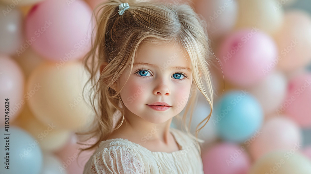 Young girl with blue eyes poses in front of colorful balloons at a celebration Young girl with blue eyes poses in front of colorful balloons at a celebration