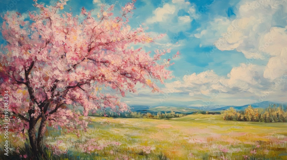 Pink Cherry Blossoms in a Sunny Spring Meadow Pink Cherry Blossoms in a Sunny Spring Meadow