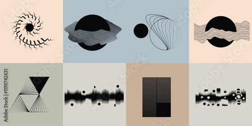 Art composition with lines in circle and semi circle shapes .Modern art design .Neutral color stripes .Transition speed lineS. Geometric shape. Wall art 