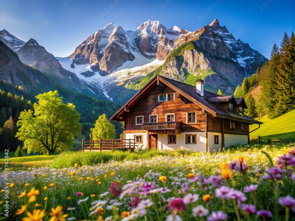 Spring Awakening: Austrian Alps Obertraun Mountain Chalet Sunrise Spring Awakening: Austrian Alps Obertraun Mountain Chalet Sunrise