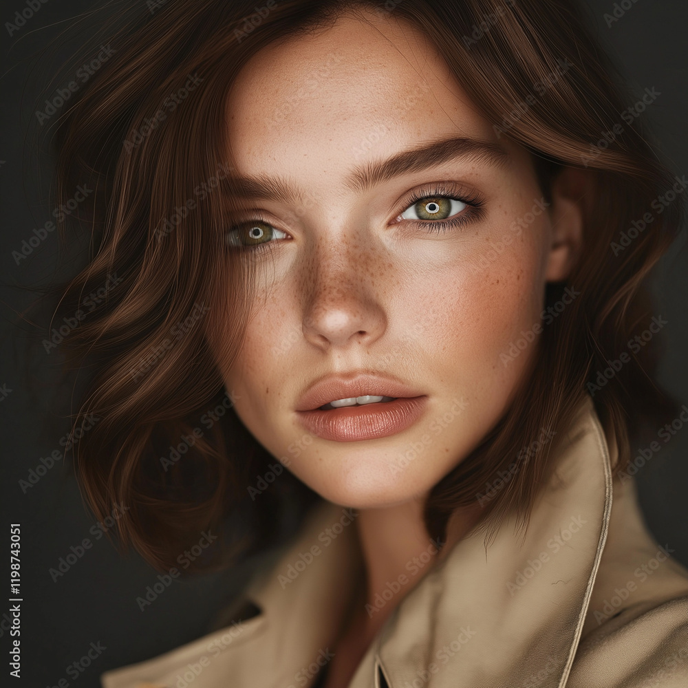 A woman with green eyes and a tan jacket A woman with green eyes and a tan jacket