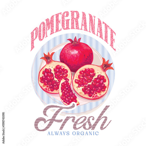 Hand sketch Pomegranate fruit artwork, Summer food poster design. Nature fruit club print design, Fresh pomegranate fruit print, Organic food artwork for for t-shirt, Fruit vintage t-shirt design