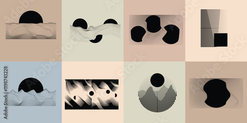Art composition with lines in circle and semi circle shapes .Modern art design .Neutral color stripes .Transition speed lineS. Geometric shape. Wall art 