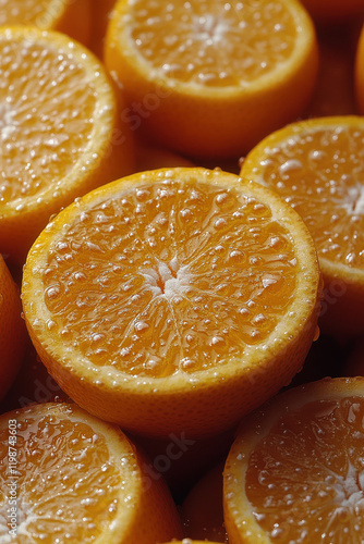 Close-up of fresh juicy orange halves with water droplets photo