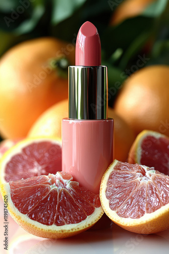 Pink lipstick with grapefruit background: vibrant citrus beauty