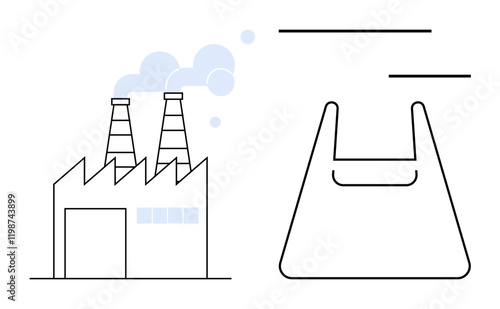 Factory with smoke emissions next to a plastic bag outline, signifying industrial and plastic pollution. Ideal for environmental awareness, pollution impact, sustainability, climate change, waste