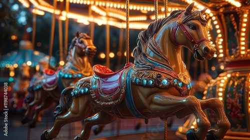 A nostalgic fairground ride with colorful horses and intricate details, illuminated at dusk photo