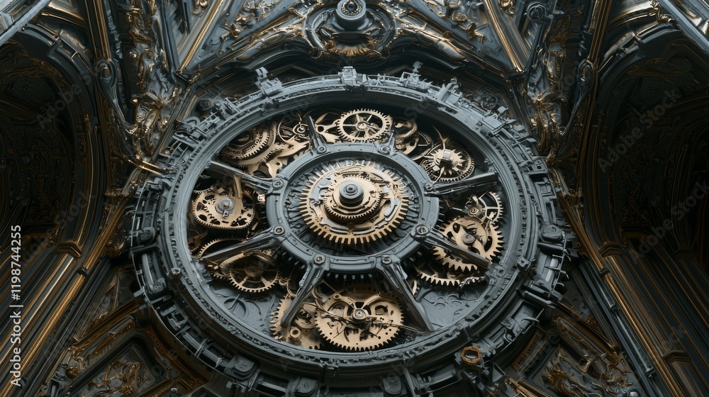 Intricate Clockwork Mechanism Gears Gold and Grey Architectural Detail