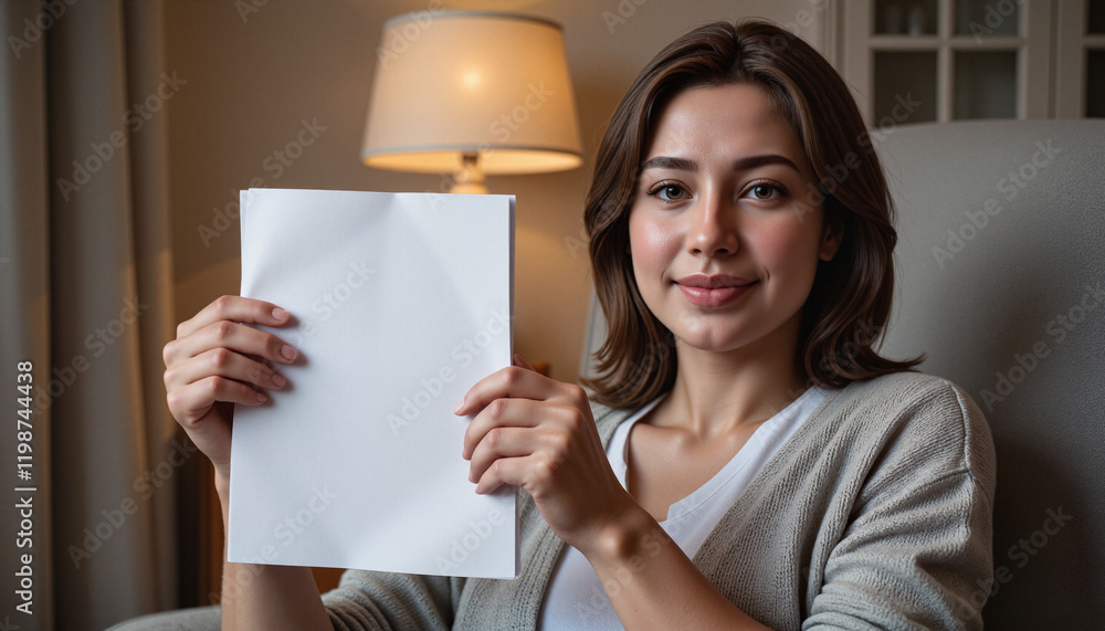 Smiling young woman holding a blank paper in a cozy chair with warm lamp light