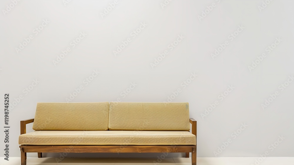 Next to a clean white wall is a modern sofa that provides a blank space for text or pictures. Using an image of copy space. Where to put text or design, Generative AI. Next to a clean white wall is a modern sofa that provides a blank space for text or pictures. Using an image of copy space. Where to put text or design, Generative AI.