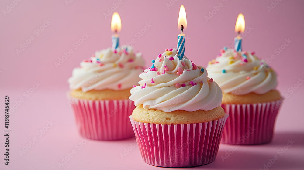 Delicious cupcakes with candles and colorful sprinkles on a pink background Delicious cupcakes with candles and colorful sprinkles on a pink background