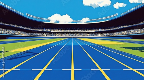 Vibrant athletics stadium illustration. A sports arenas track with vivid colors. Crowd fills the outdoor arena under a blue sky. Ideal for race and event backgrounds. photo