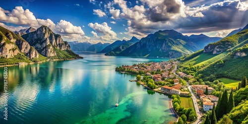 Stunning Aerial View of Lake Garda, Italy, Surrounded by Majestic Mountains