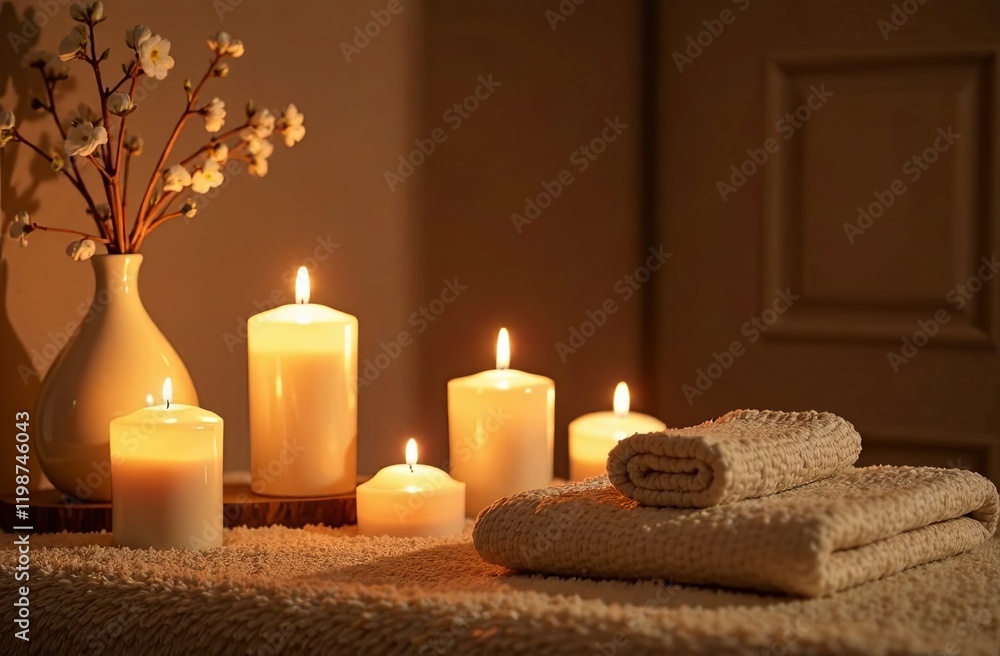 A tranquil spa setting with aromatic candles and soothing music A tranquil spa setting with aromatic candles and soothing music