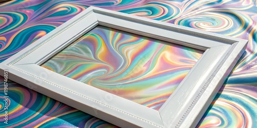 Abstract background with white frame, iridescent and holographic tones, with a white frame. Invitations, greeting cards, and creative banners, space for text photo