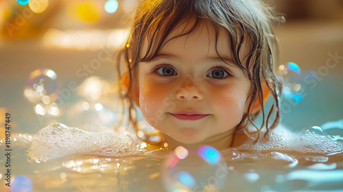 A little girl with wet hair sitting in a bubble bath. There are a lot of soap bubbles around her.