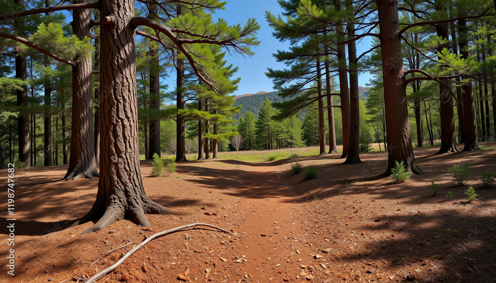 Lush green forest landscape with towering trees and serene sunlight, nature's tranquility Lush green forest landscape with towering trees and serene sunlight, nature's tranquility