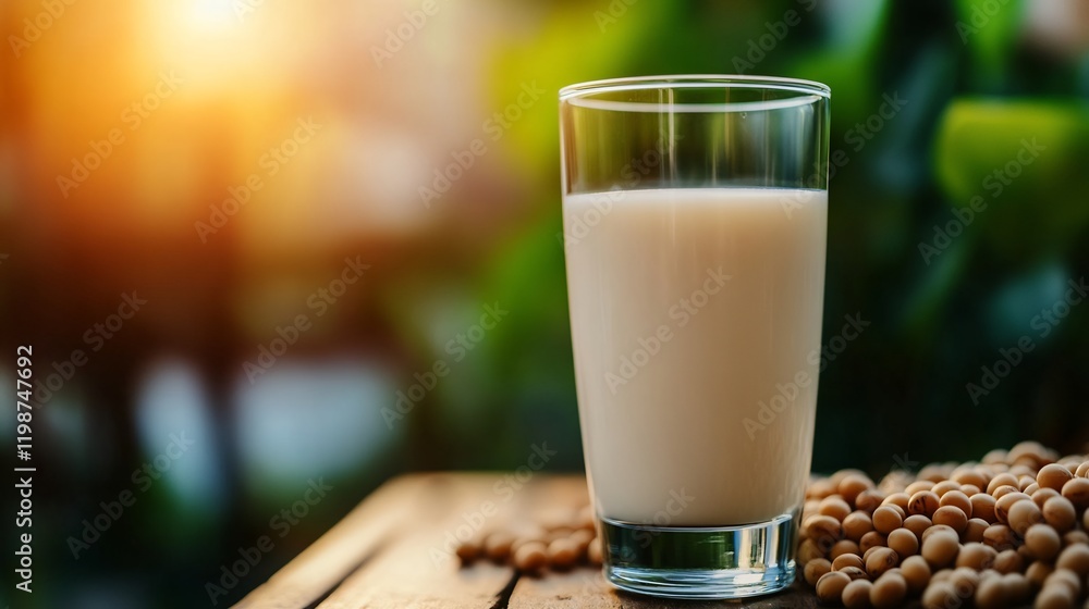 Soy Milk in Glass on Wooden Table with Soybeans, Healthy Drink, Vegan Food Soy Milk in Glass on Wooden Table with Soybeans, Healthy Drink, Vegan Food