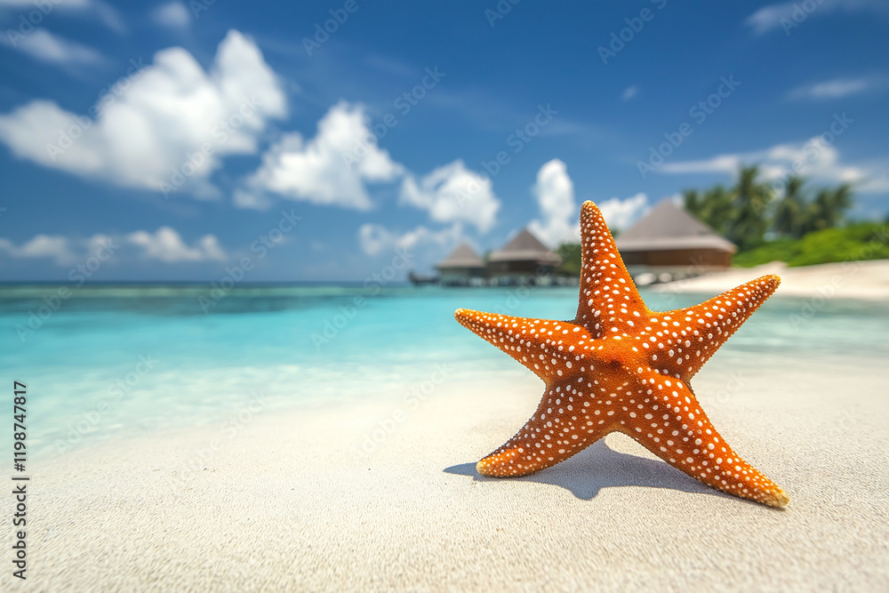 Orange starfish with white spots lying on a beautiful beach Orange starfish with white spots lying on a beautiful beach