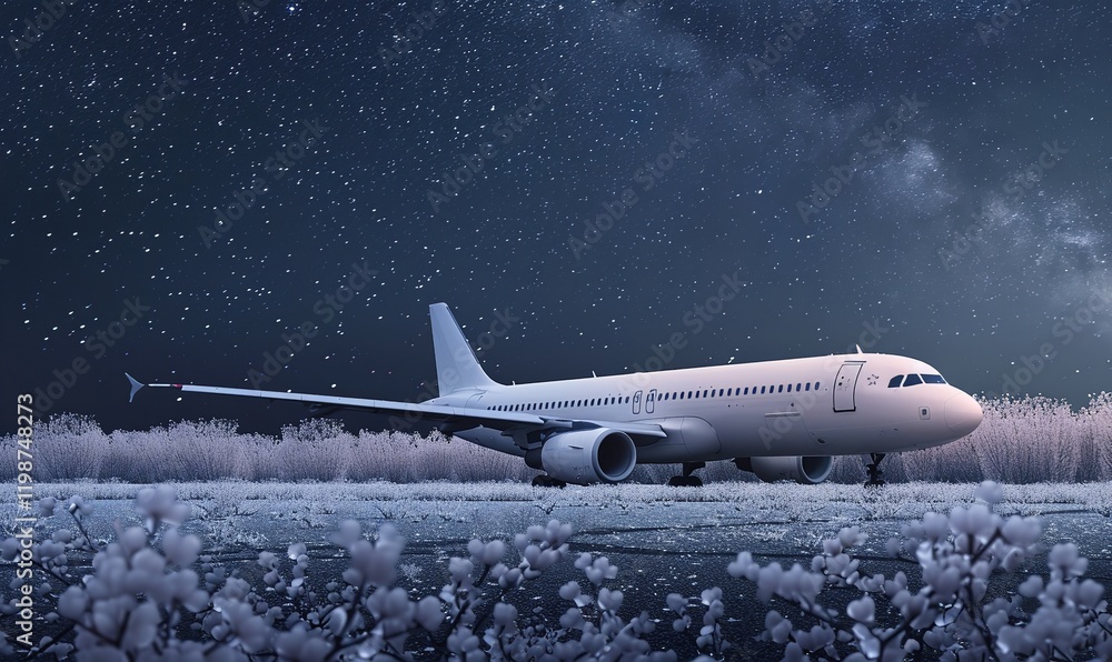 Fototapeta premium Night sky over a white airplane parked on an airport runway, Generative AI.