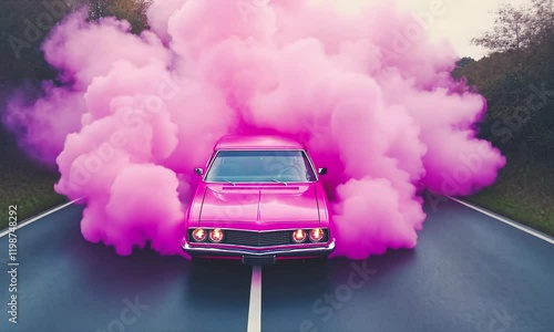 Car in the pink smoke.