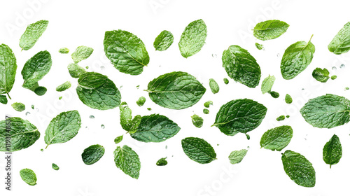 green leaves falling and flying in air isolated on a transparent background