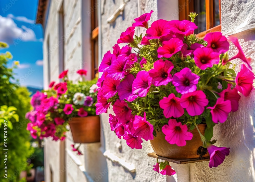Fototapeta premium Summer Cafe Decor: Vibrant Pink Petunias in Hanging & Windowsill Pots, Sunlit