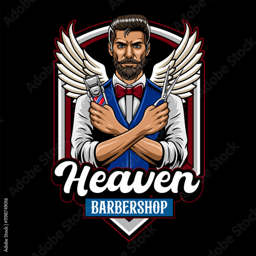 Retro Barbershop Masculine Beard Man holding Scissor and Electric Trimmer Elements Logotype Badge Vector Illustration