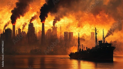 Apocalyptic Industrial Port City at Sunset, apocalypse, fiery sky, smoke, pollution, cargo ship