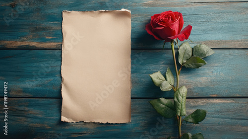 Romantic valentine's day celebration with red roses on blank paper top view cinematic style for lovely invitations or anniversary events