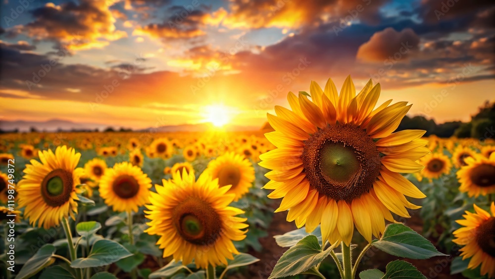 Obraz premium Sunflowers Sunset Bokeh Wallpaper - Golden Harvest Field Background