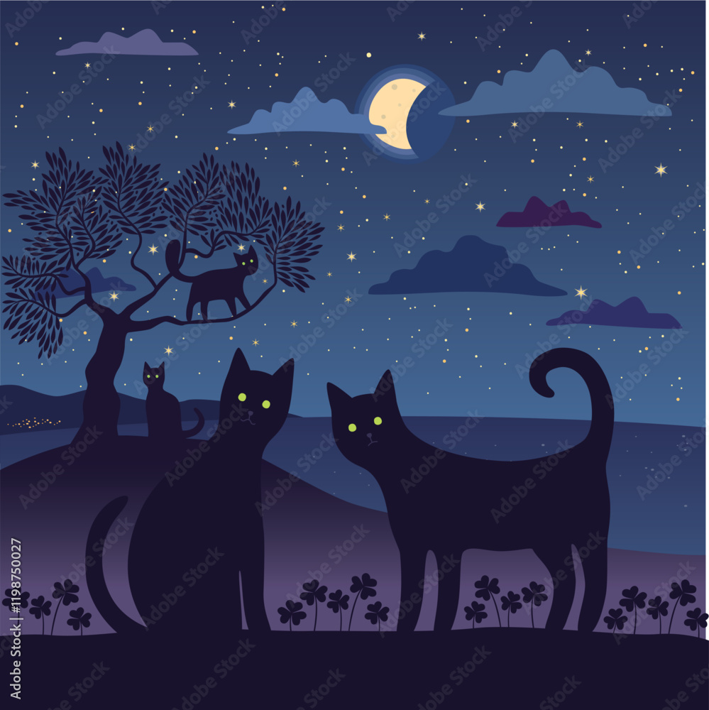 Naklejka premium Cats at night by the seashore under a starry sky