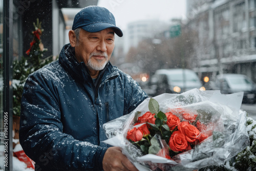 Elderly asian male holding bouquet of red roses in winter cityscape photo