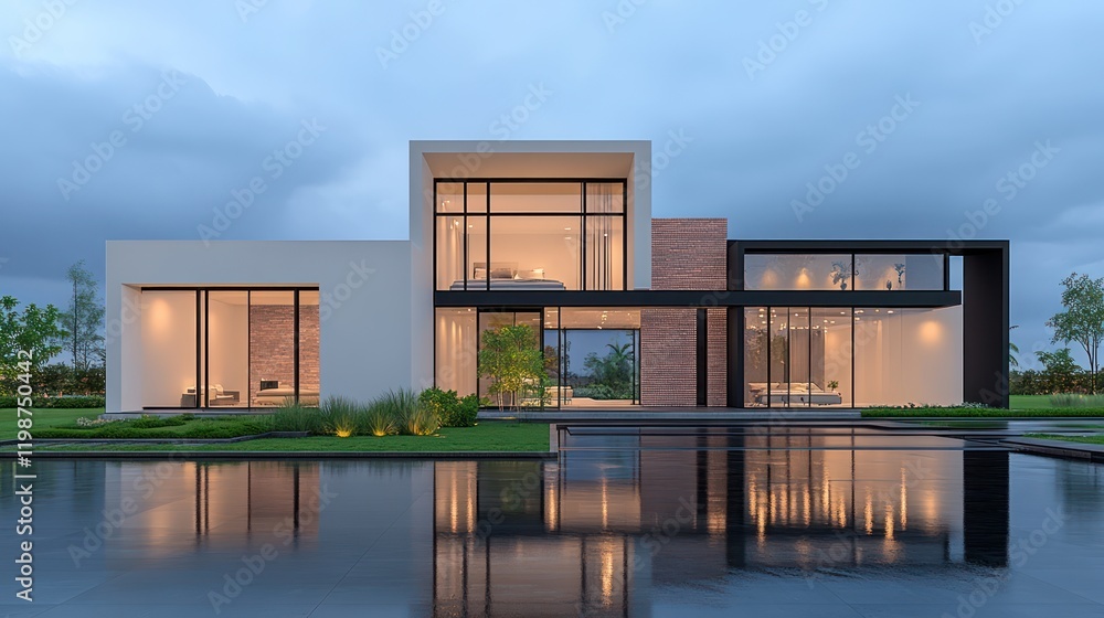 Fototapeta premium Spring Morning Illuminates Variegated Brick Modern Villa