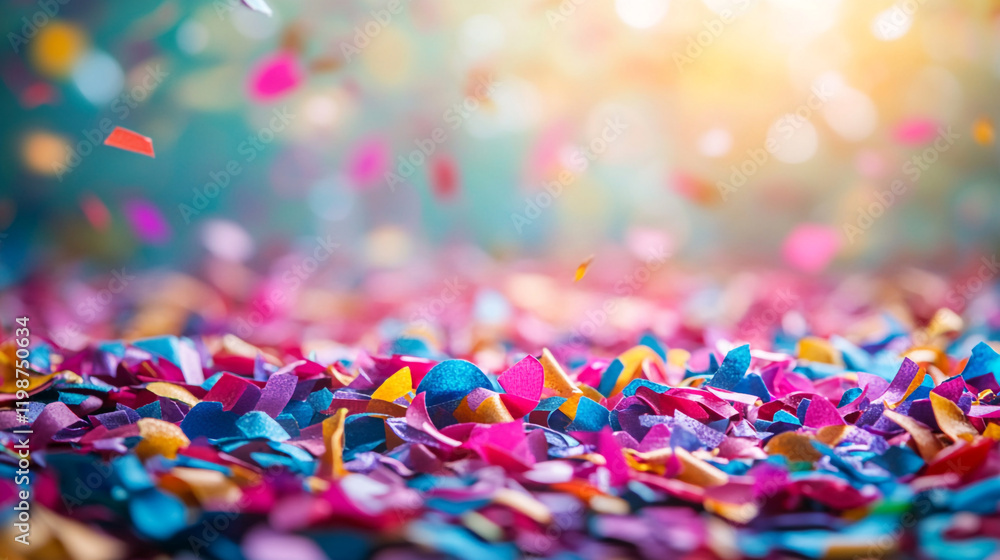 Colorful confetti scattered on the ground during a festive celebration in sunny outdoor setting Colorful confetti scattered on the ground during a festive celebration in sunny outdoor setting