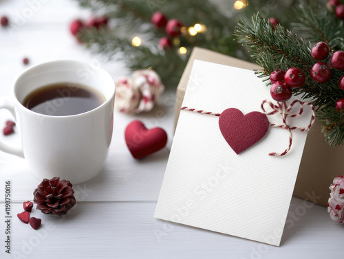 Celebrate love with a romantic valentine's card on a white table next to a coffee cup - a lovely invitation to passionate moments and anniversaries