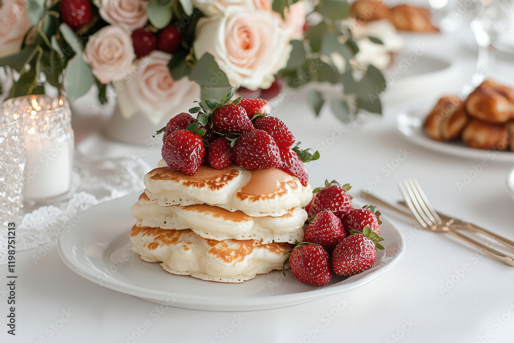 Fluffy pancakes with fresh strawberries and elegant floral arrangement Fluffy pancakes with fresh strawberries and elegant floral arrangement